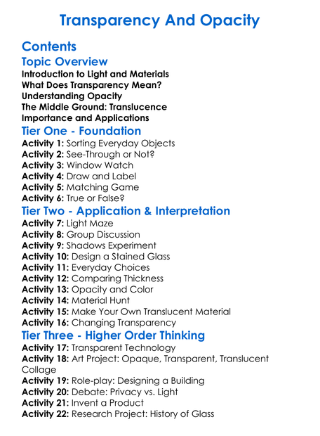 Transparency And Opacity Worksheet Activity Booklet