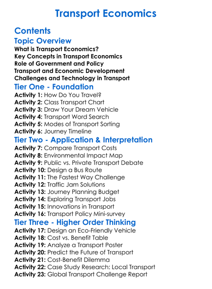 Transport Economics Worksheet Activity Booklet