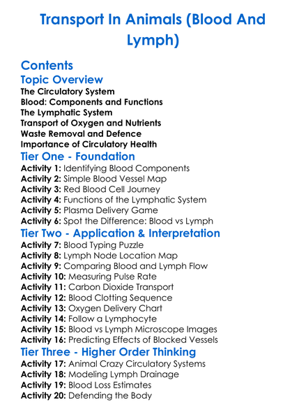 Transport In Animals Blood And Lymph Worksheet Activity Booklet