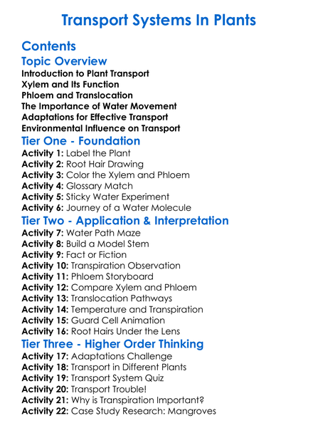 Transport Systems In Plants Worksheet Activity Booklet