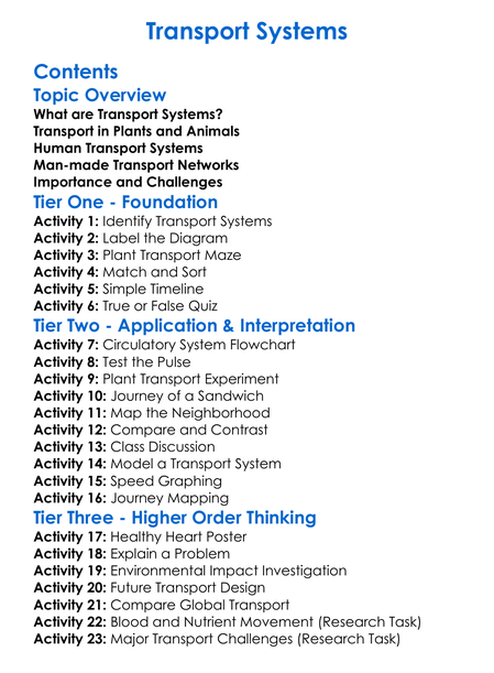 Transport Systems Worksheet Activity Booklet