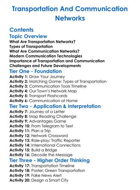 Transportation And Communication Networks Worksheet Activity Booklet