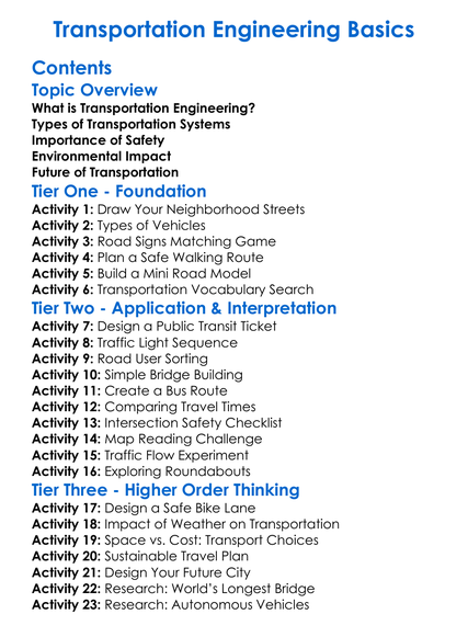 Transportation Engineering Basics Worksheet Activity Booklet