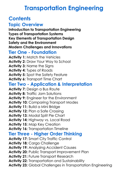 Transportation Engineering Worksheet Activity Booklet