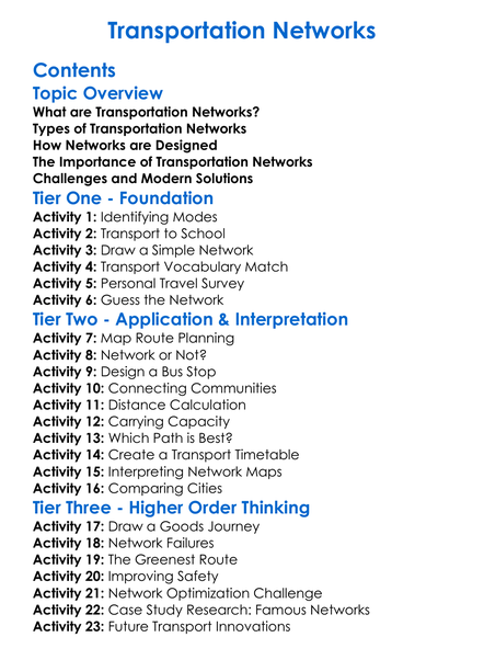 Transportation Networks Worksheet Activity Booklet