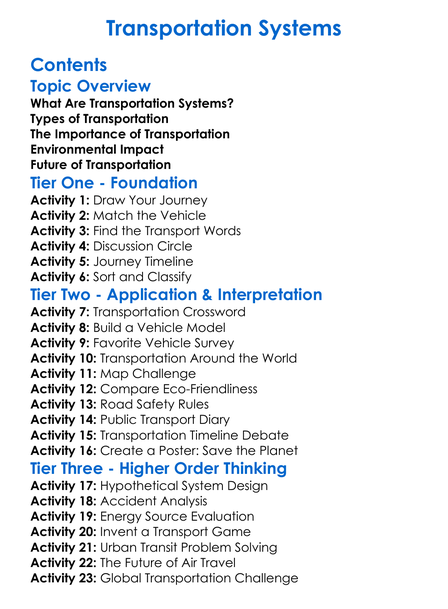 Transportation Systems Worksheet Activity Booklet