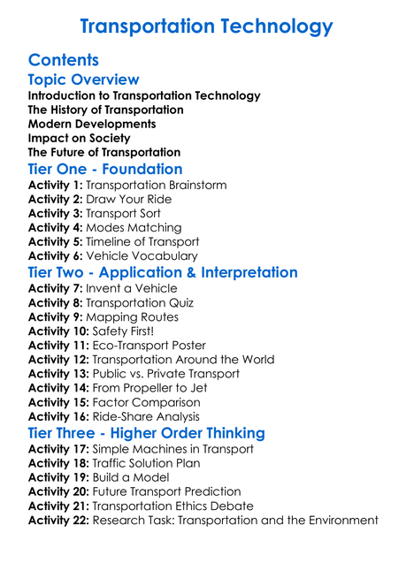 Transportation Technology Worksheet Activity Booklet