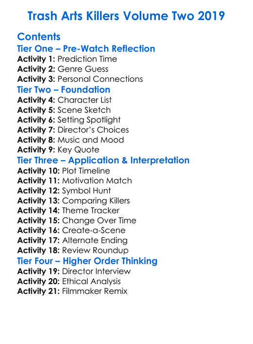 Trash Arts Killers Volume Two 2019 Worksheet Activity Booklet