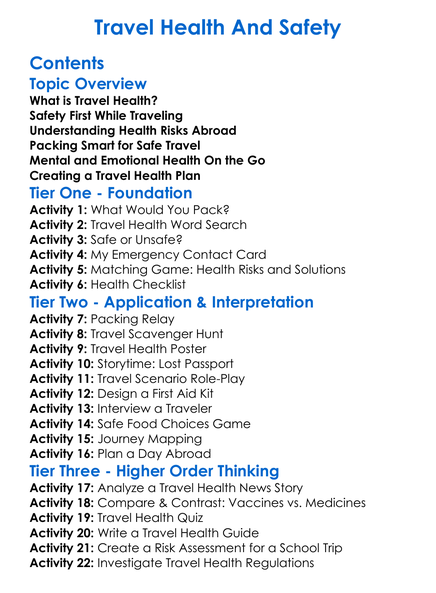 Travel Health And Safety Worksheet Activity Booklet