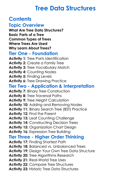 Tree Data Structures Worksheet Activity Booklet