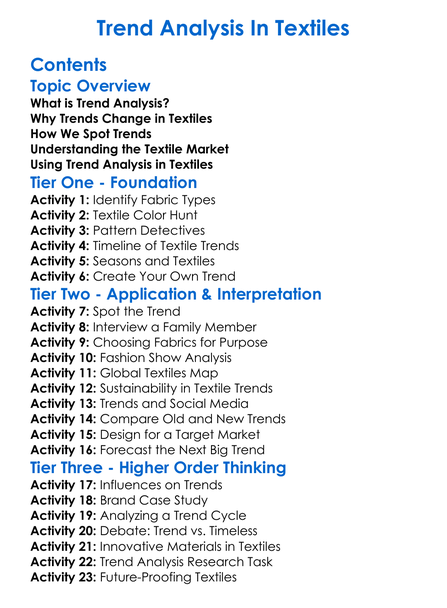 Trend Analysis In Textiles Worksheet Activity Booklet