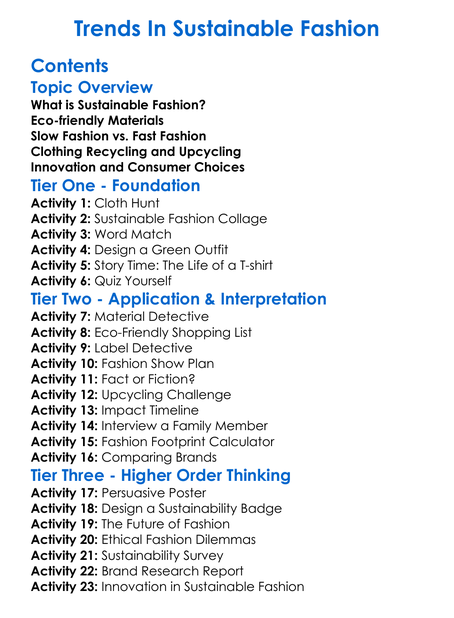 Trends In Sustainable Fashion Worksheet Activity Booklet