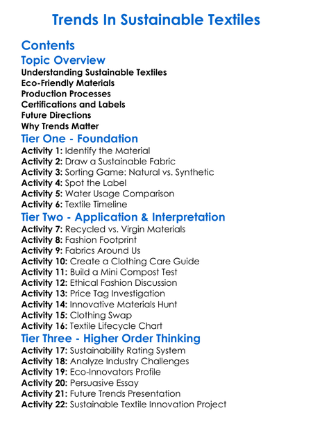 Trends In Sustainable Textiles Worksheet Activity Booklet
