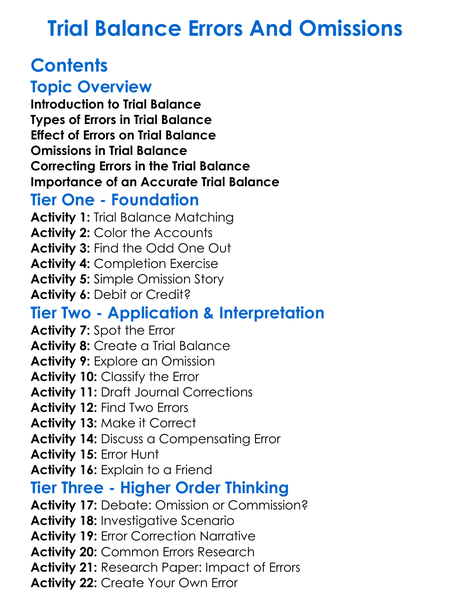 Trial Balance Errors And Omissions Worksheet Activity Booklet
