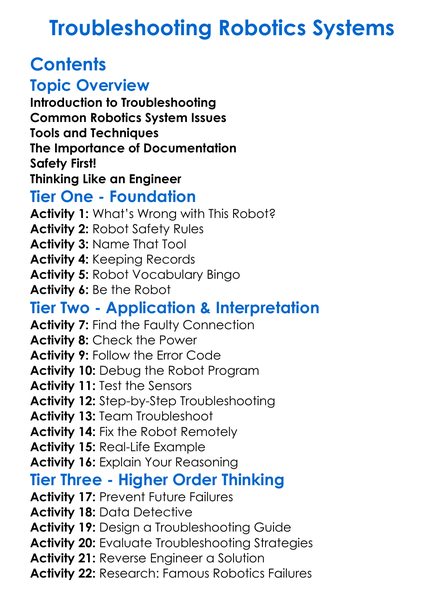 Troubleshooting Robotics Systems Worksheet Activity Booklet