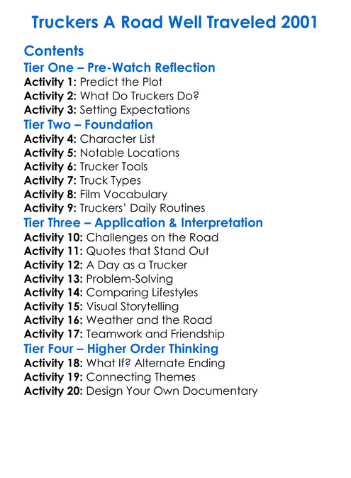 Truckers A Road Well Traveled 2001 Worksheet Activity Booklet
