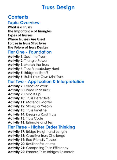 Truss Design Worksheet Activity Booklet