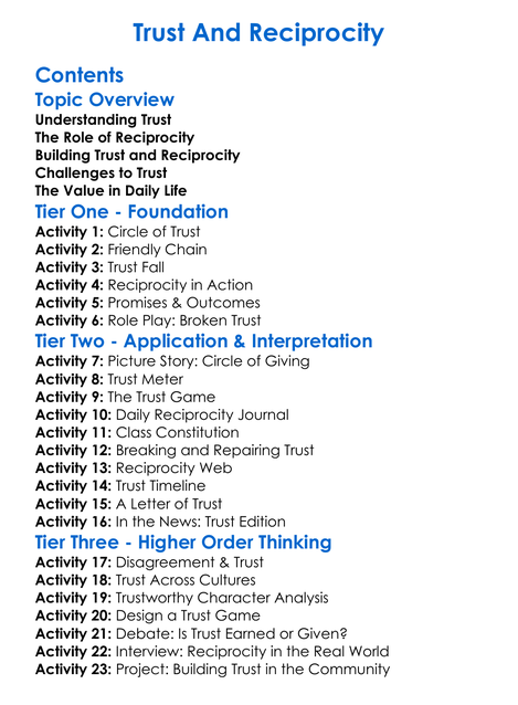 Trust And Reciprocity Worksheet Activity Booklet