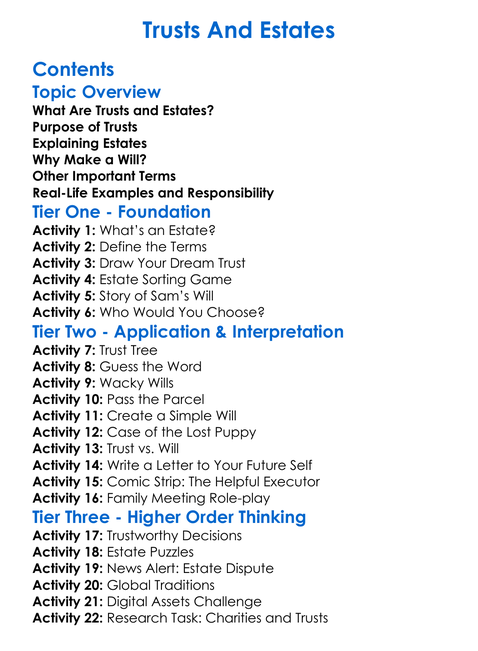 Trusts And Estates Worksheet Activity Booklet