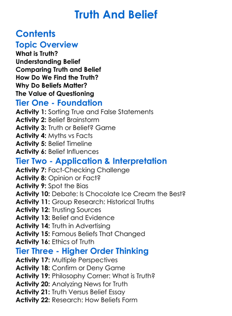 Truth And Belief Worksheet Activity Booklet