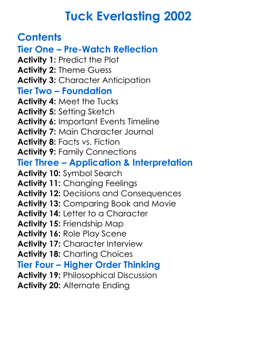 Tuck Everlasting 2002 Worksheet Activity Booklet