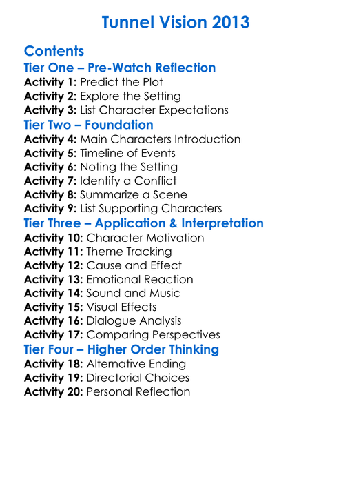 Tunnel Vision 2013 Worksheet Activity Booklet