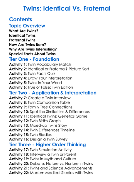 Twins Identical Vs Fraternal Worksheet Activity Booklet