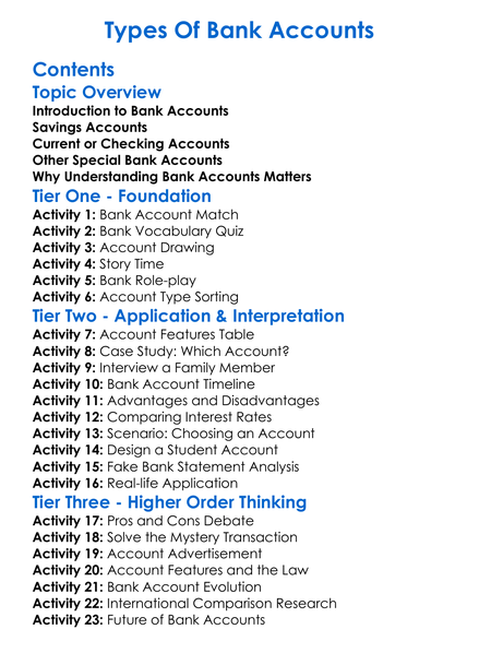 Types Of Bank Accounts Worksheet Activity Booklet