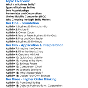 Types Of Business Entities Worksheet Activity Booklet