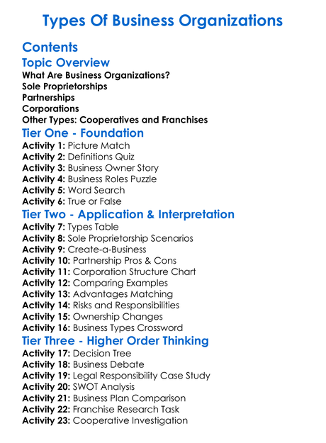 Types Of Business Organizations Worksheet Activity Booklet