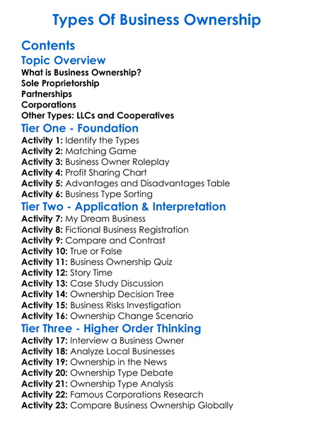 Types Of Business Ownership Worksheet Activity Booklet