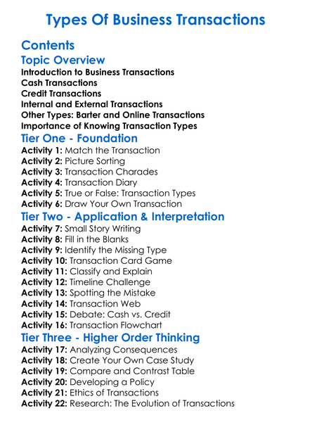 Types Of Business Transactions Worksheet Activity Booklet