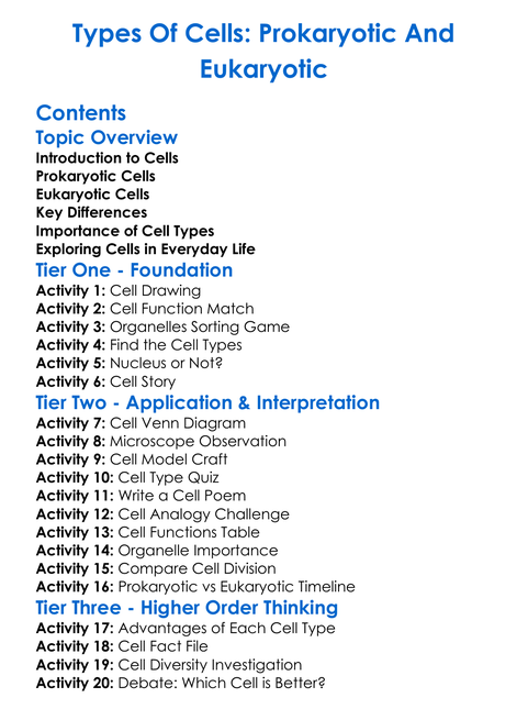 Types Of Cells Prokaryotic And Eukaryotic Worksheet Activity Booklet
