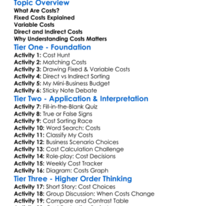 Types Of Costs Worksheet Activity Booklet