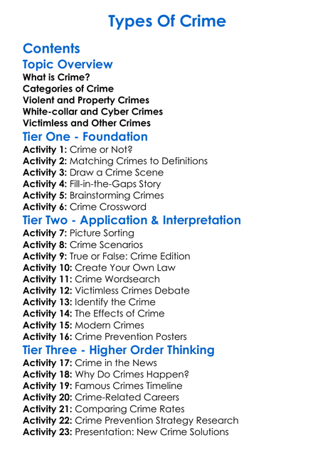 Types Of Crime Worksheet Activity Booklet