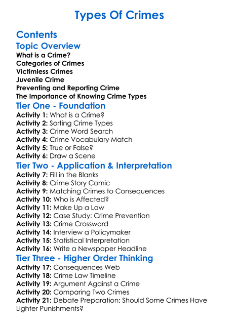 Types Of Crimes Worksheet Activity Booklet