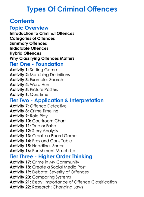 Types Of Criminal Offences Worksheet Activity Booklet