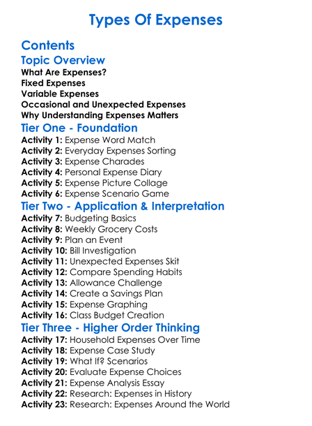 Types Of Expenses Worksheet Activity Booklet