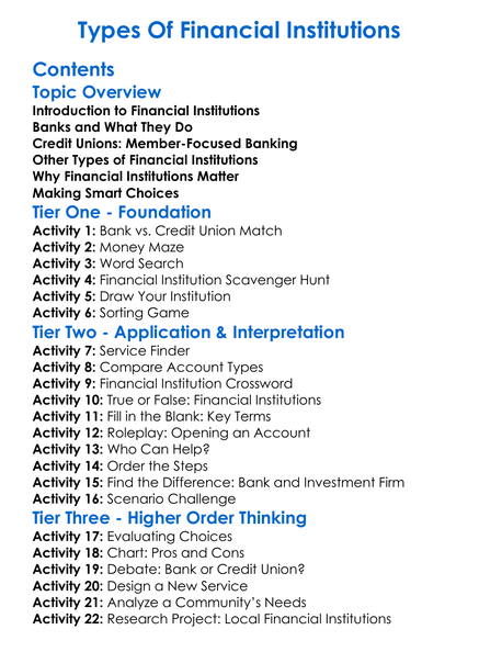 Types Of Financial Institutions Worksheet Activity Booklet