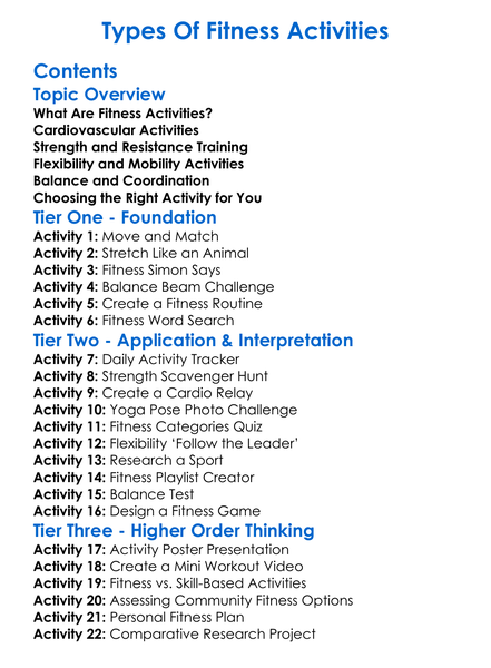 Types Of Fitness Activities Worksheet Activity Booklet