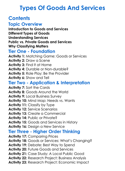 Types Of Goods And Services Worksheet Activity Booklet
