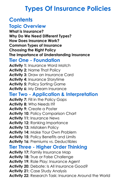 Types Of Insurance Policies Worksheet Activity Booklet