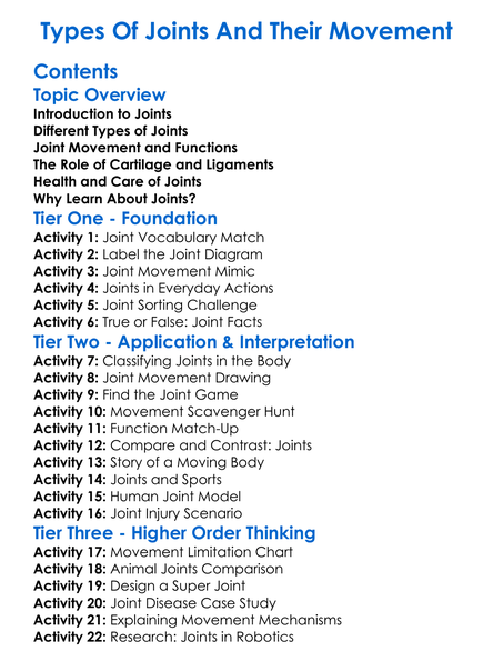 Types Of Joints And Their Movement Worksheet Activity Booklet