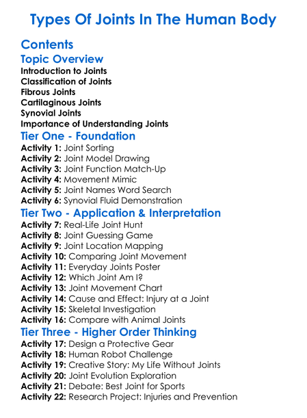 Types Of Joints In The Human Body Worksheet Activity Booklet