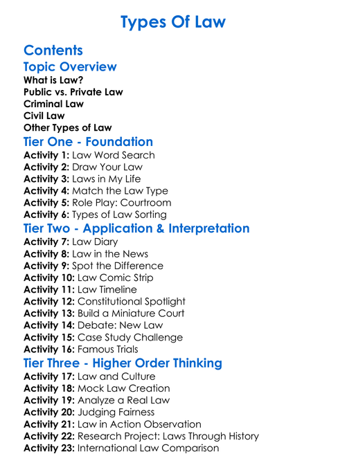 Types Of Law Worksheet Activity Booklet