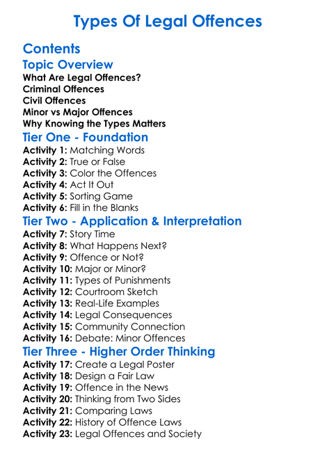 Types Of Legal Offences Worksheet Activity Booklet
