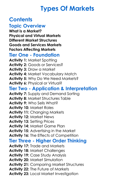 Types Of Markets Worksheet Activity Booklet