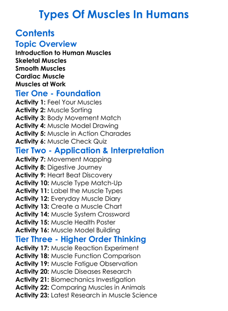 Types Of Muscles In Humans Worksheet Activity Booklet