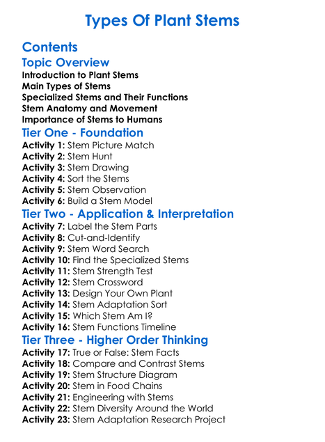 Types Of Plant Stems Worksheet Activity Booklet