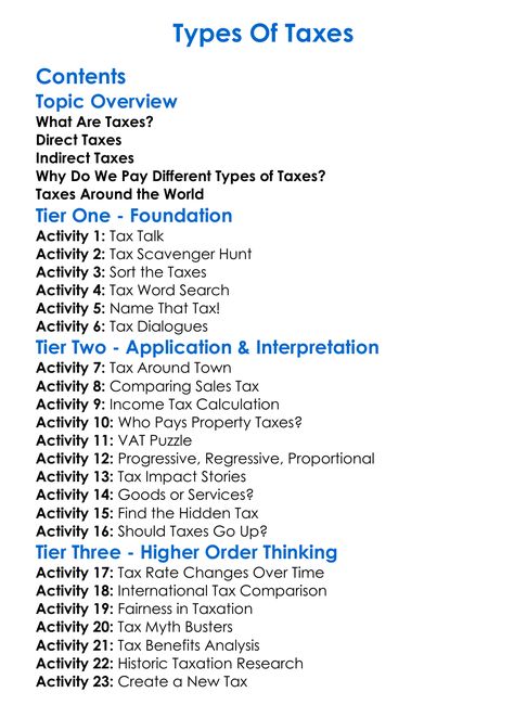Types Of Taxes Worksheet Activity Booklet